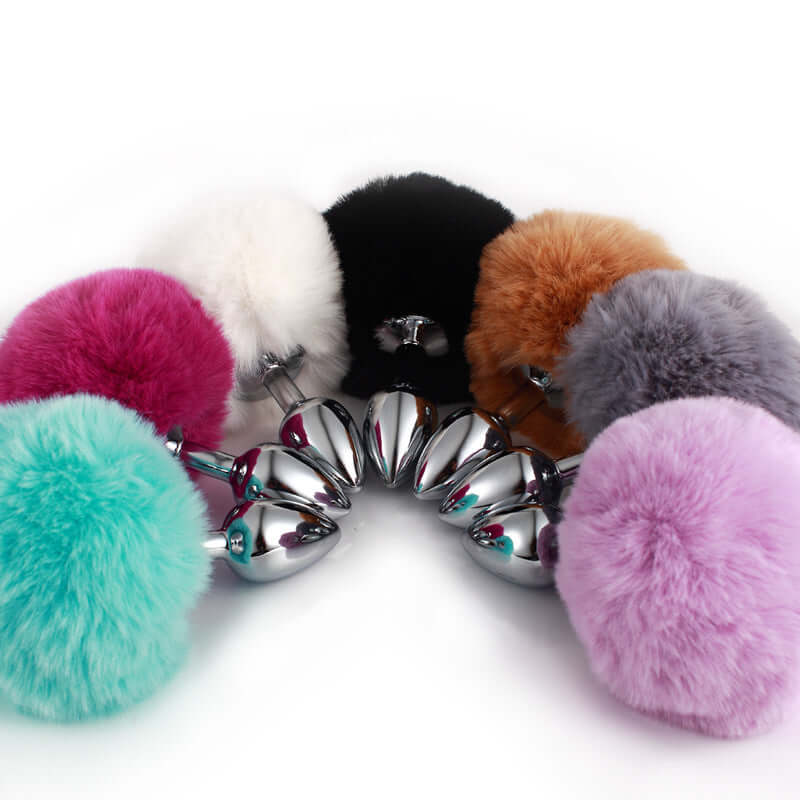 Colorful rabbit fur tail metal anal plug